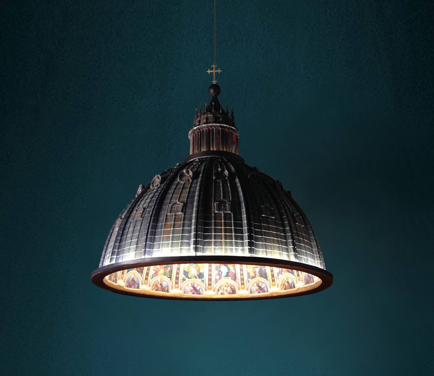 Dome-shaped pendant light resembling a cathedral dome with intricate architectural details, set against a dark background.