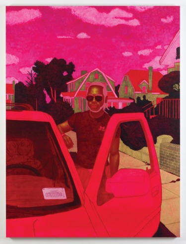 Man in sunglasses stands next to open car door in vibrant, abstract suburban neighborhood setting.