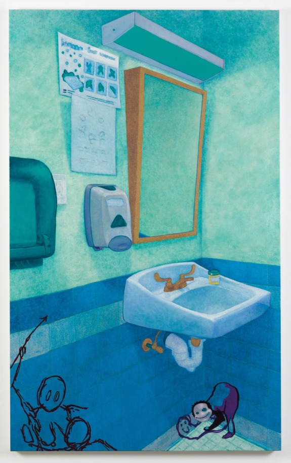 Colorful bathroom scene with blue walls, a sink, mirror, and cartoon doodles on the floor and walls for playful effect.