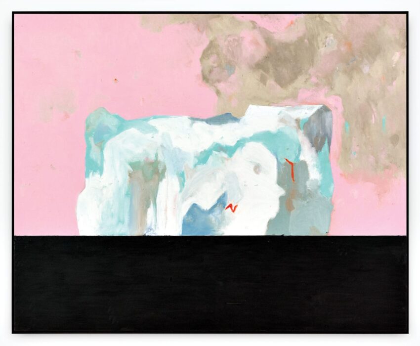 Abstract painting with a colorful, textured landscape on a pink and beige background, divided by a bold black line.