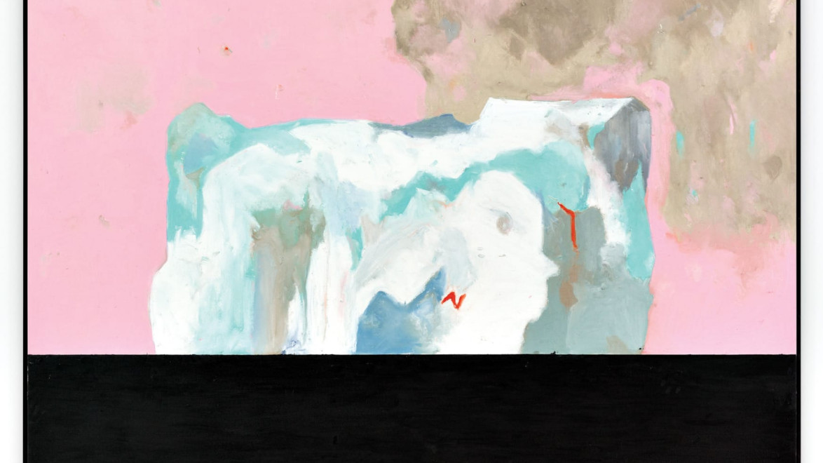 Abstract painting with a pink and beige background, featuring blue and white forms above a solid black horizontal area.