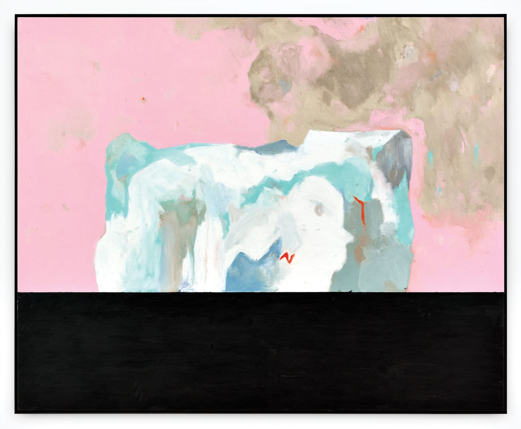 Abstract painting with a pink and beige background, featuring blue and white forms above a solid black horizontal area.