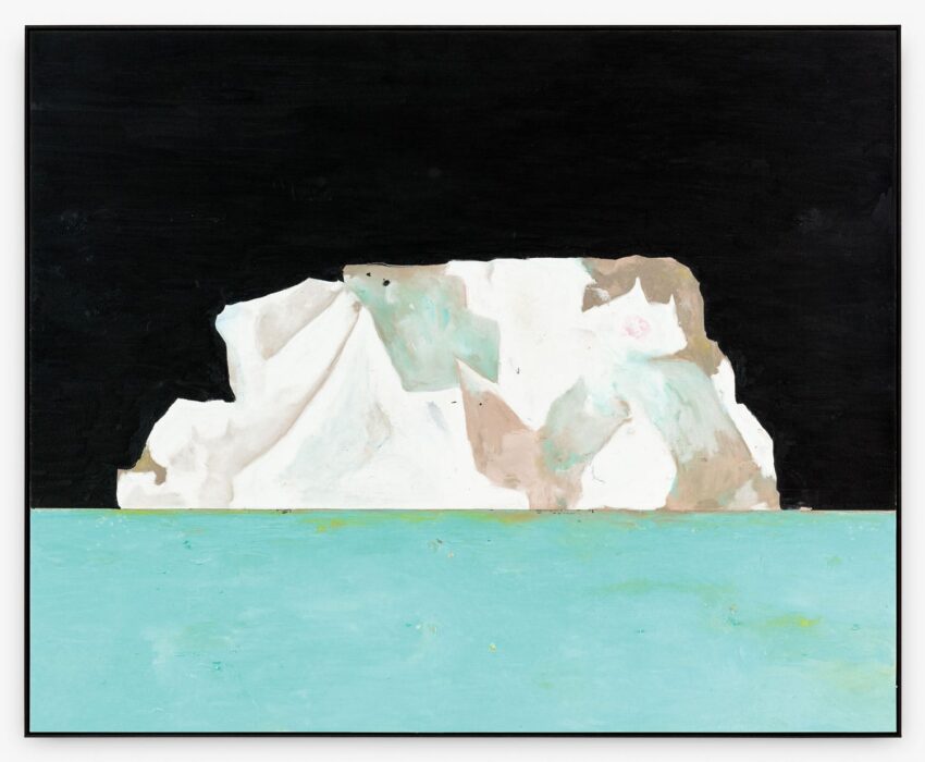 Abstract painting of an iceberg with a dark sky and turquoise water in the foreground.
