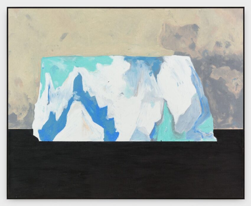 Abstract painting of a geometric iceberg with blue and white shades against a dark water surface and cloudy sky.