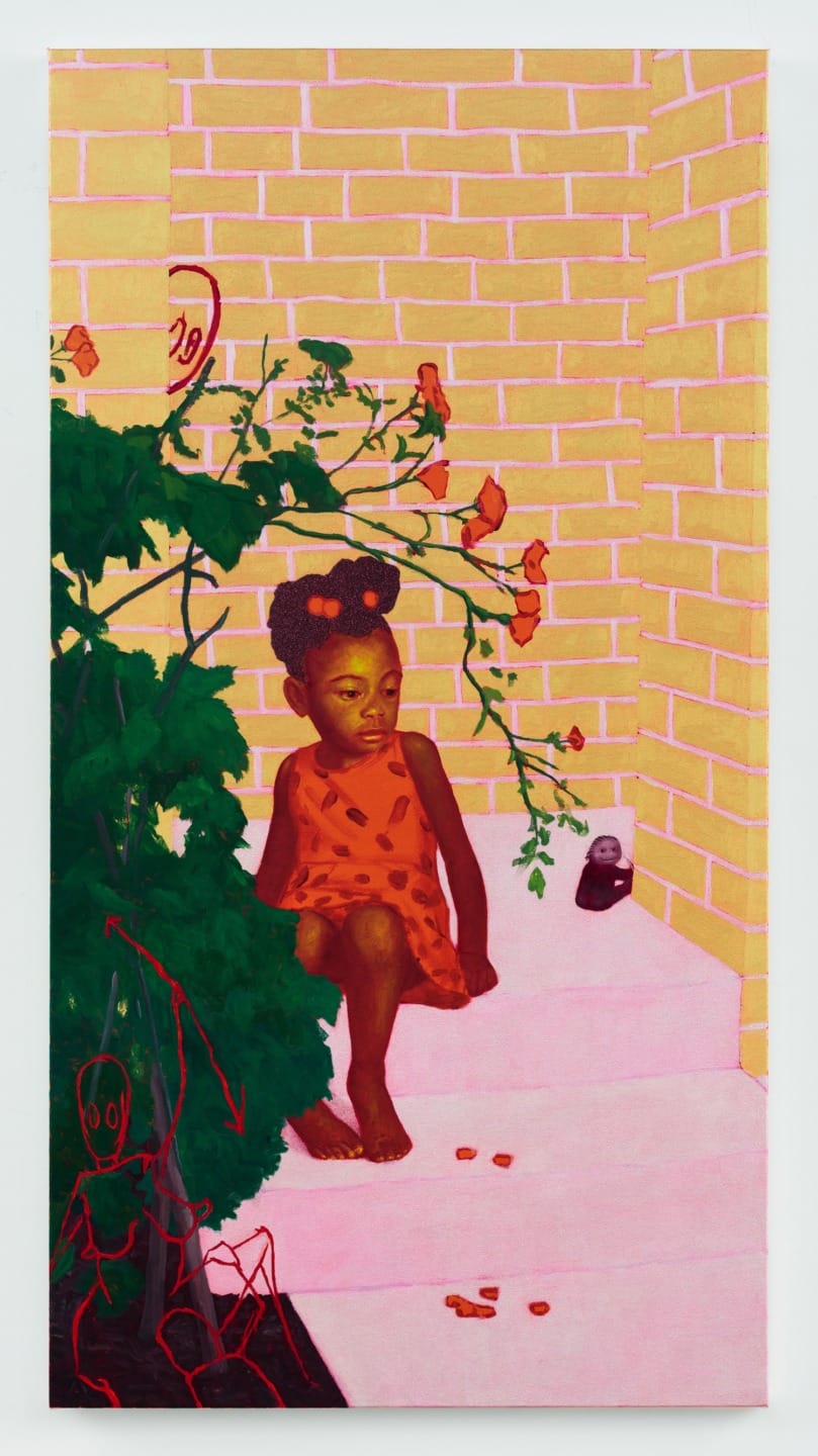 A child in a red dress sits on stairs beside a flowering plant, with a backdrop of pink brick walls.