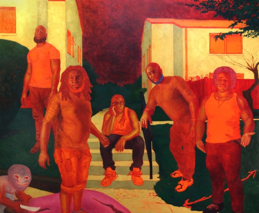 Five people in a vibrant neighborhood scene with a pink figure in the foreground and colorful houses in the background.