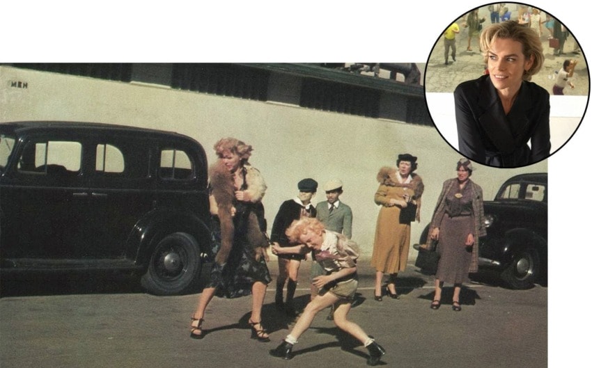 Vintage scene of a playful scrap between two women, with observers in 1940s attire, and an inset of a modern portrait of one woman.