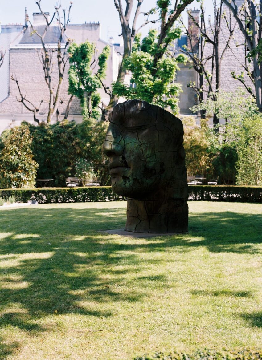 Bronze sculpture of a human head in a grassy garden with trees and distant buildings in the background.