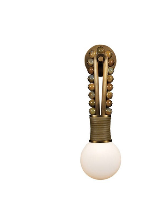 Brass wall sconce with beaded decoration and a round frosted bulb against a white background.