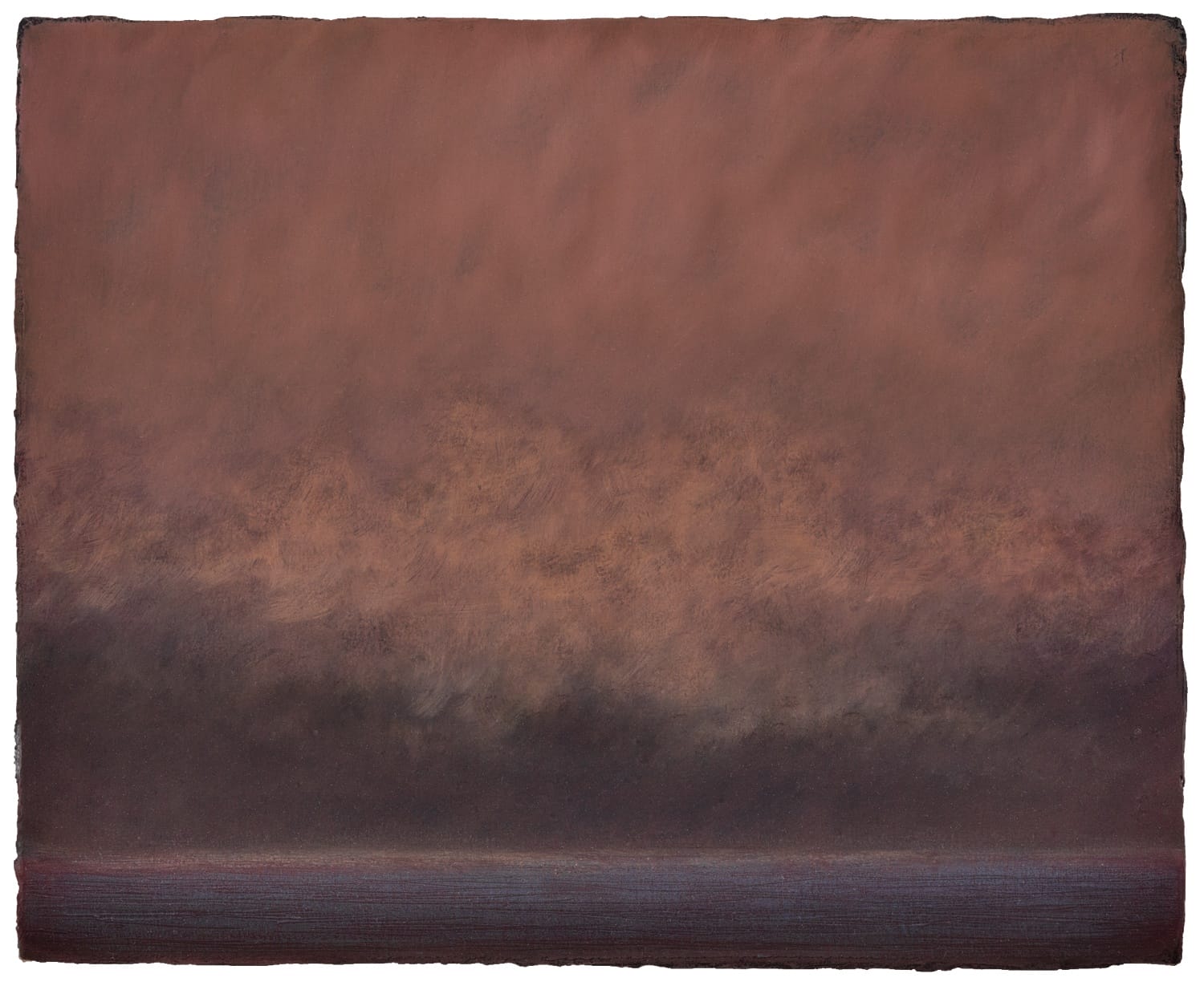 Abstract painting featuring dark and warm tones blending horizontally, resembling a cloudy sky over a distant horizon.
