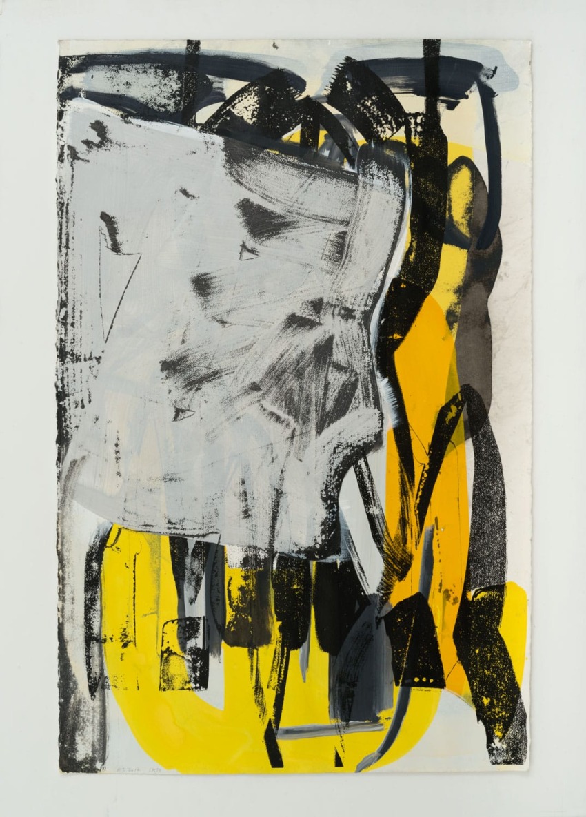 Abstract painting with black, gray, and yellow shapes, featuring dynamic brushstrokes and overlapping forms.