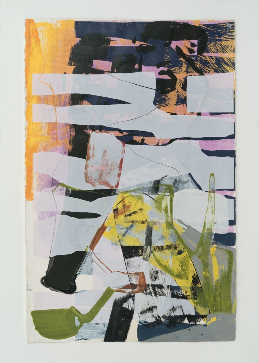 Abstract painting with vibrant colors, featuring overlapping shapes and brushstrokes in yellow, orange, black, and grey.