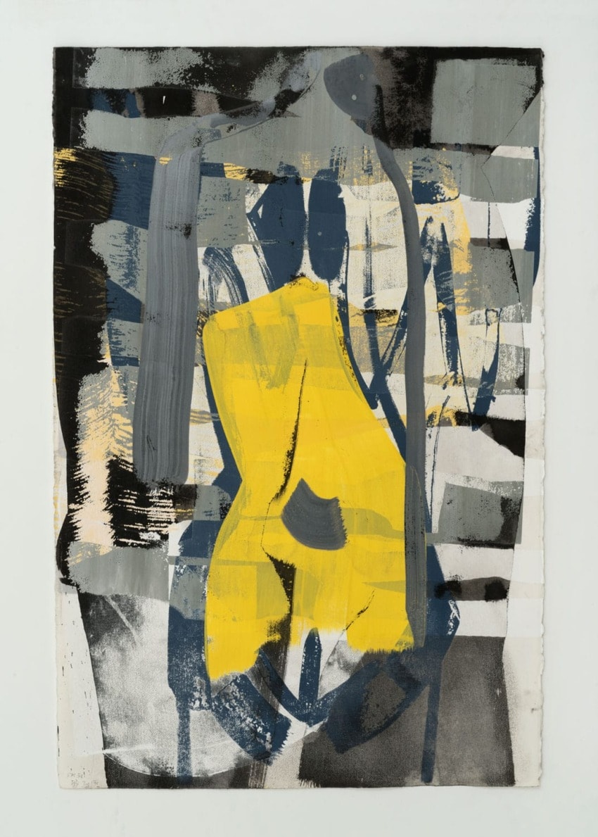 Abstract painting with bold yellow, black, and gray brushstrokes forming a central figure, surrounded by dynamic patterns.