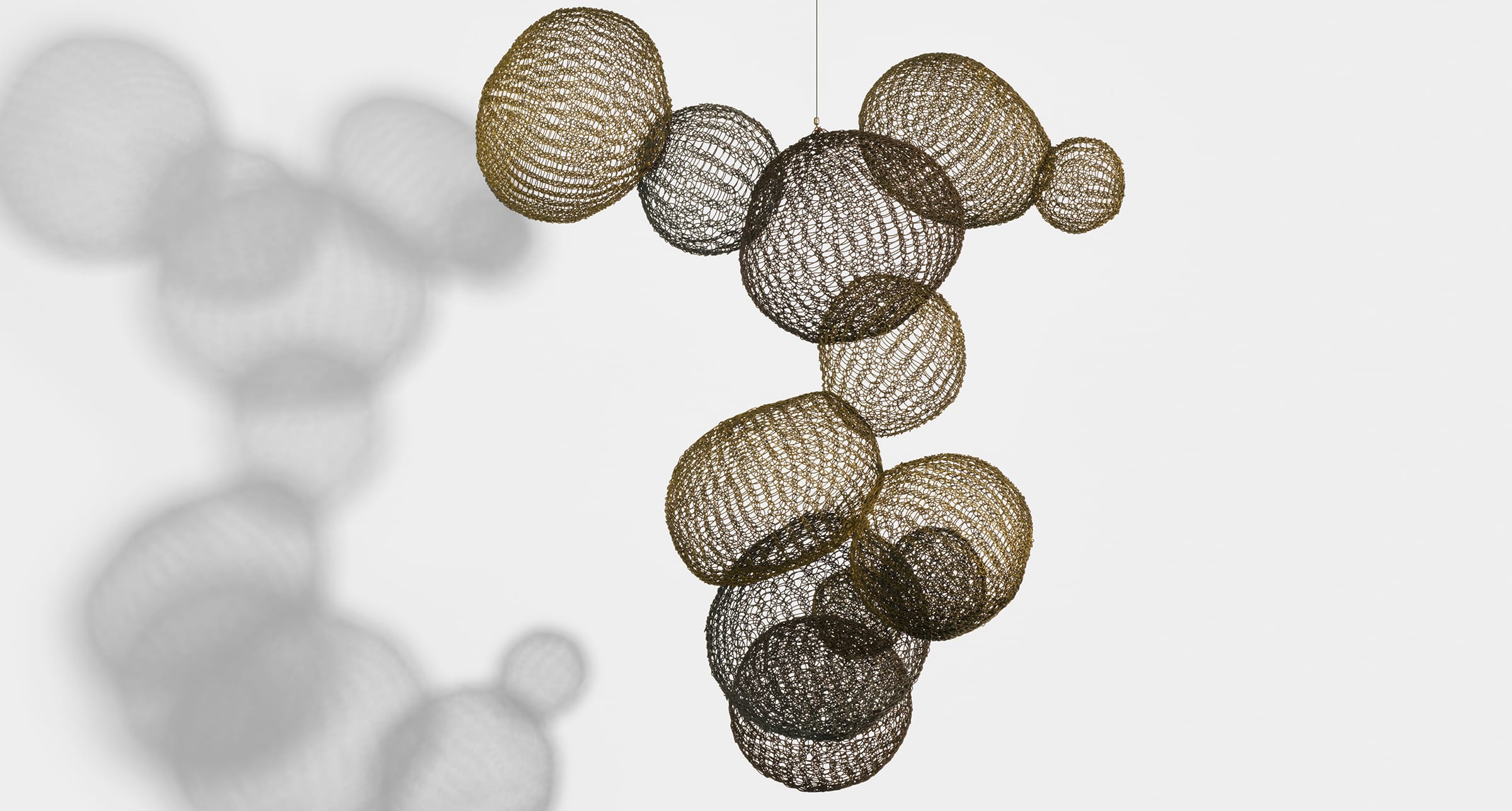 Abstract wire sculpture of intertwined spheres casting shadows on a white background.