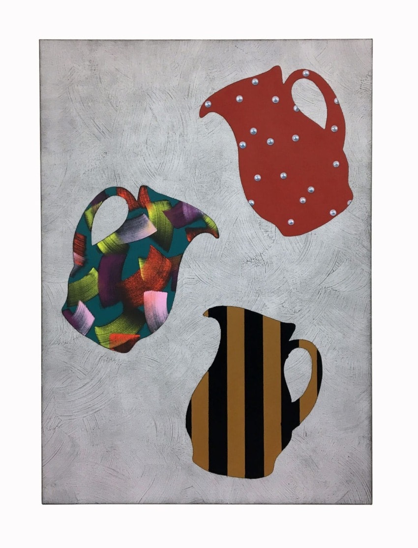 Painting of three decorated jugs on textured background; one striped, one colorful, and one red with pearls.