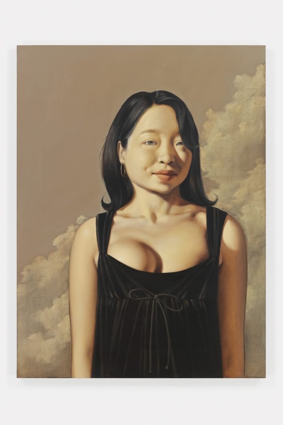 Portrait painting of a woman with long dark hair in a black dress standing against a cloudy background.