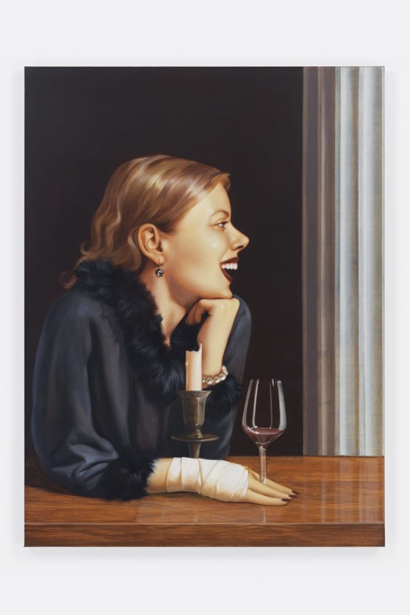 Painting of a woman smiling at a table with a bandaged wrist, candle, and wine glass.