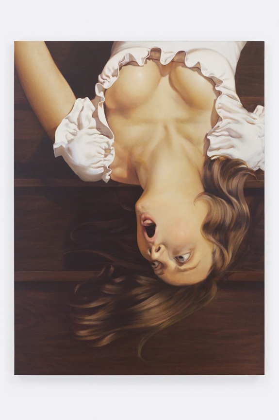 Painting of a woman with long hair, wearing a white ruffled top, upside down against a dark wooden background.