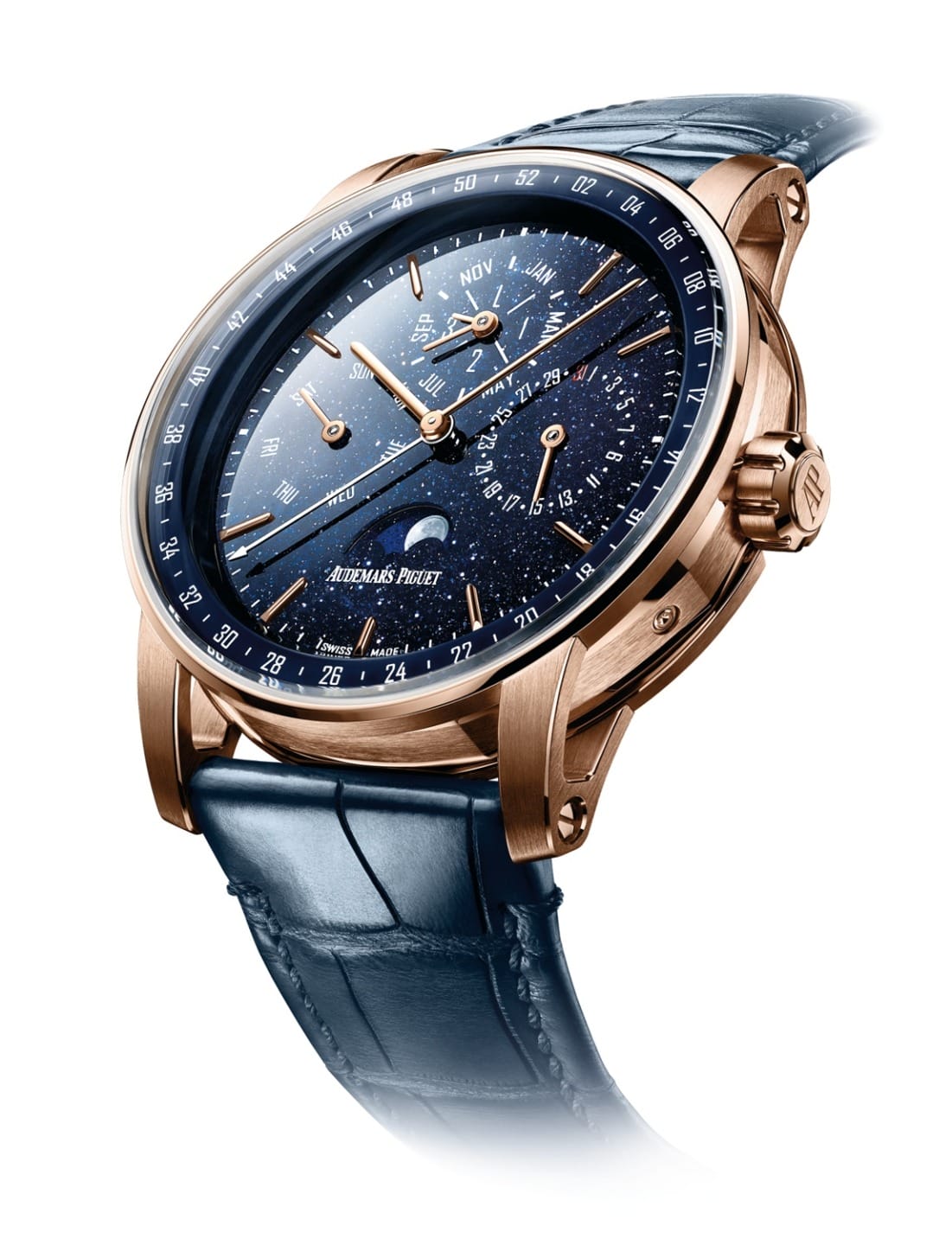 Luxury wristwatch with a blue celestial dial, rose gold case, and leather strap, displaying various chronograph functions.