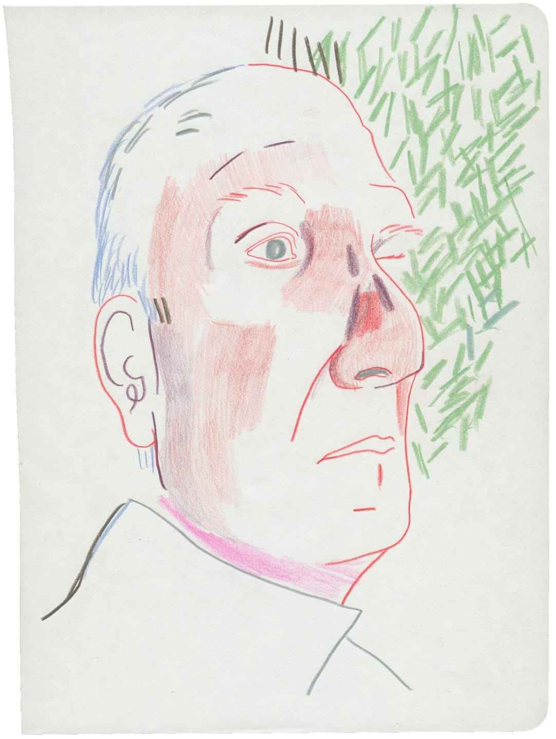 Abstract pencil drawing of a man's face with colorful shading and green pattern in the background.