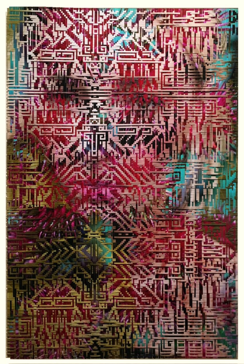 Abstract geometric pattern with intricate maze-like details in vibrant pink, red, green, and blue hues.