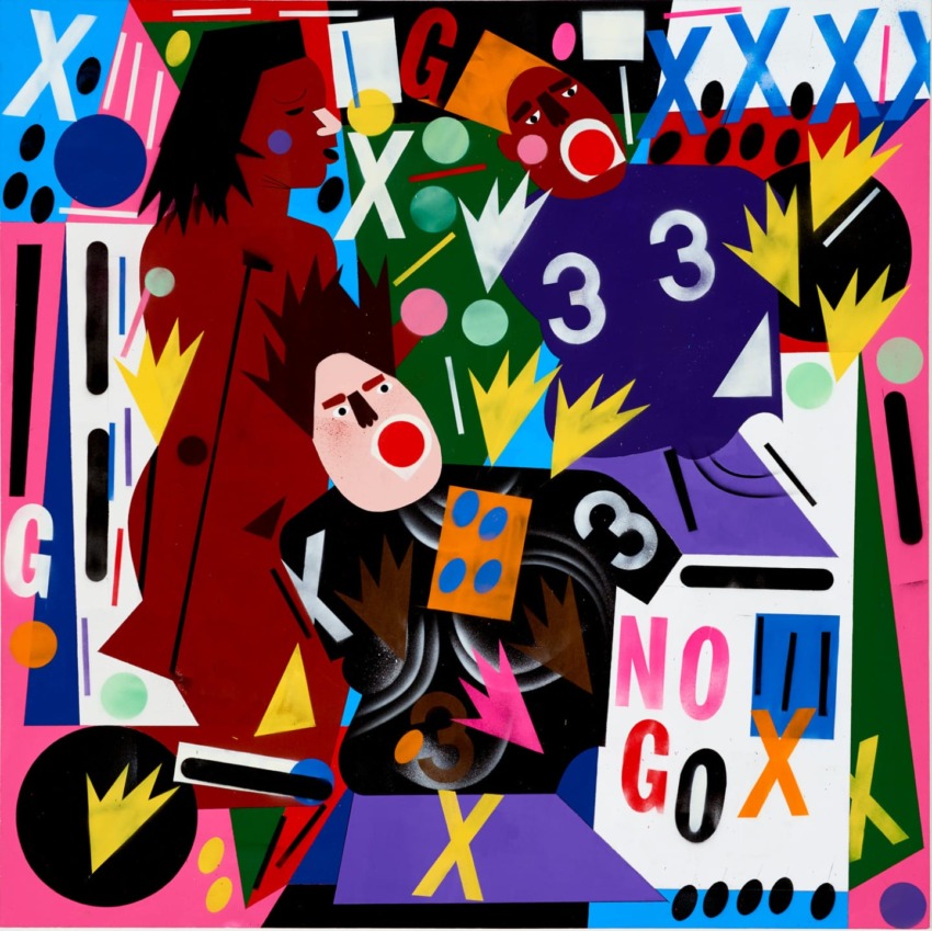 Abstract art with colorful geometric shapes, numbers, and letters. Three expressive faces amid dynamic patterns and bold colors.
