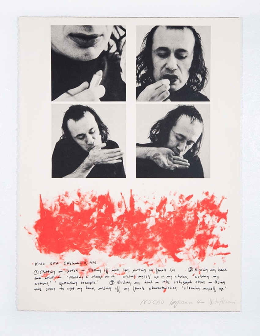 Collage of a person performing gestures with red abstract paint and handwritten annotations below the images.