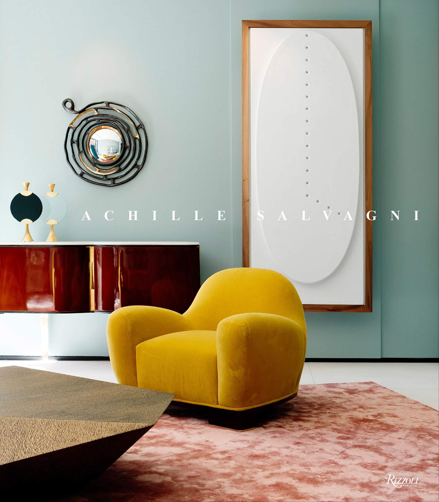 Modern living room with yellow armchair, abstract art, mirrored wall decor, wooden console, and textured rug.