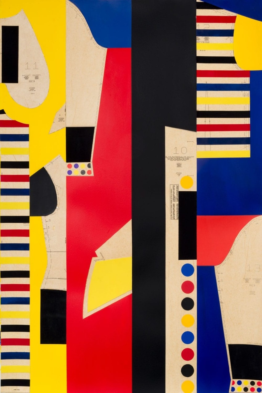 Colorful abstract artwork with geometric shapes, stripes, and patterns on a vibrant background.