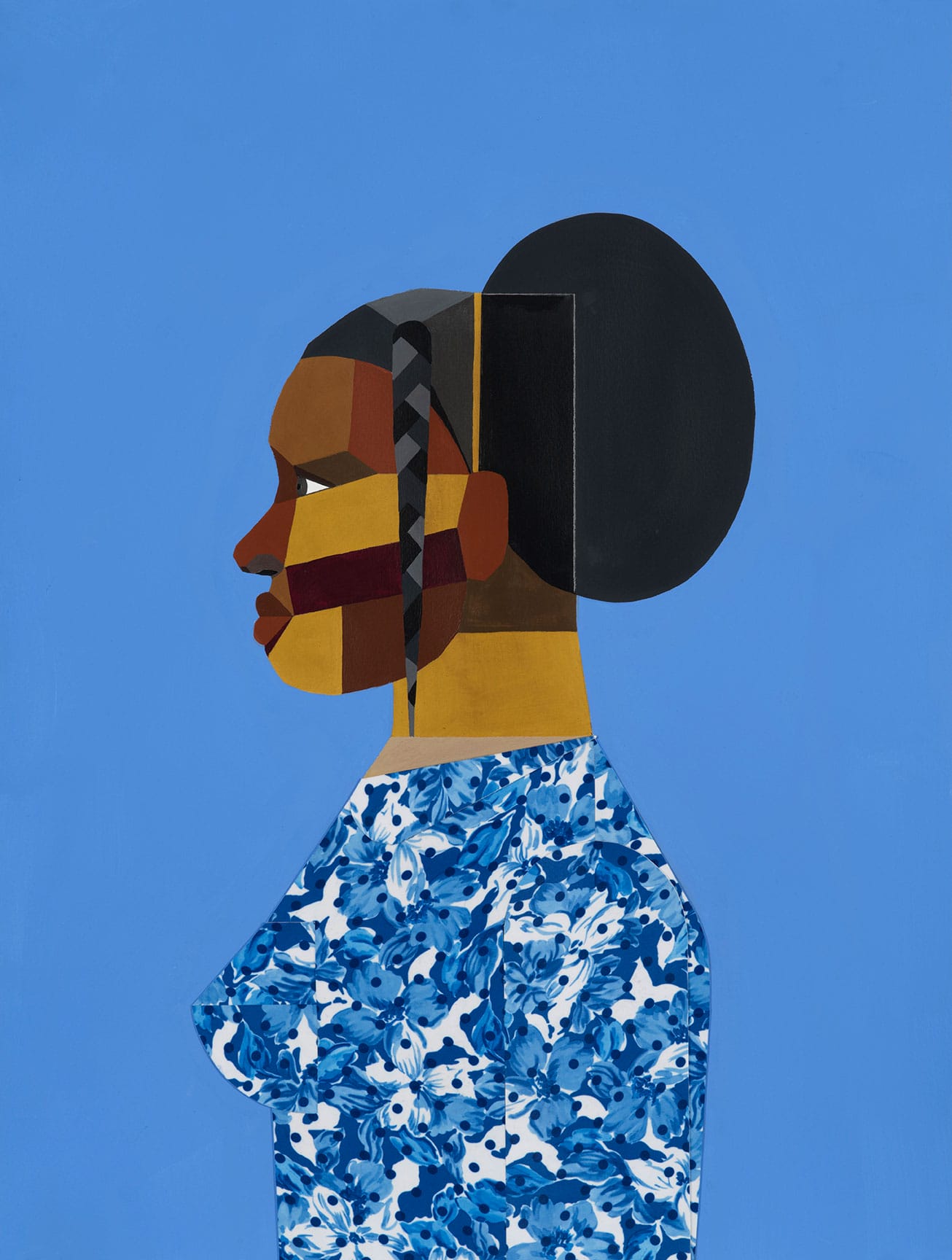 Abstract portrait of a woman in profile with a floral blue dress against a solid blue background.
