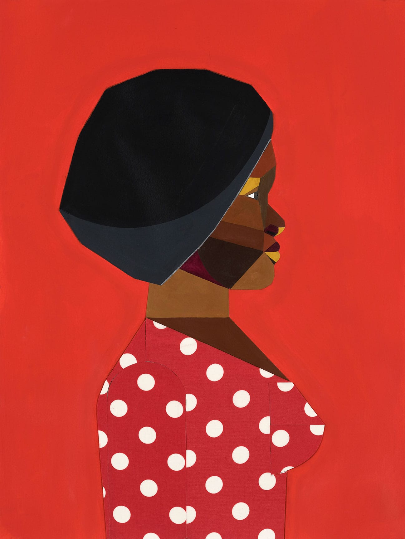 Abstract portrait of a woman in profile wearing a black hat and a red dress with white polka dots on a red background.