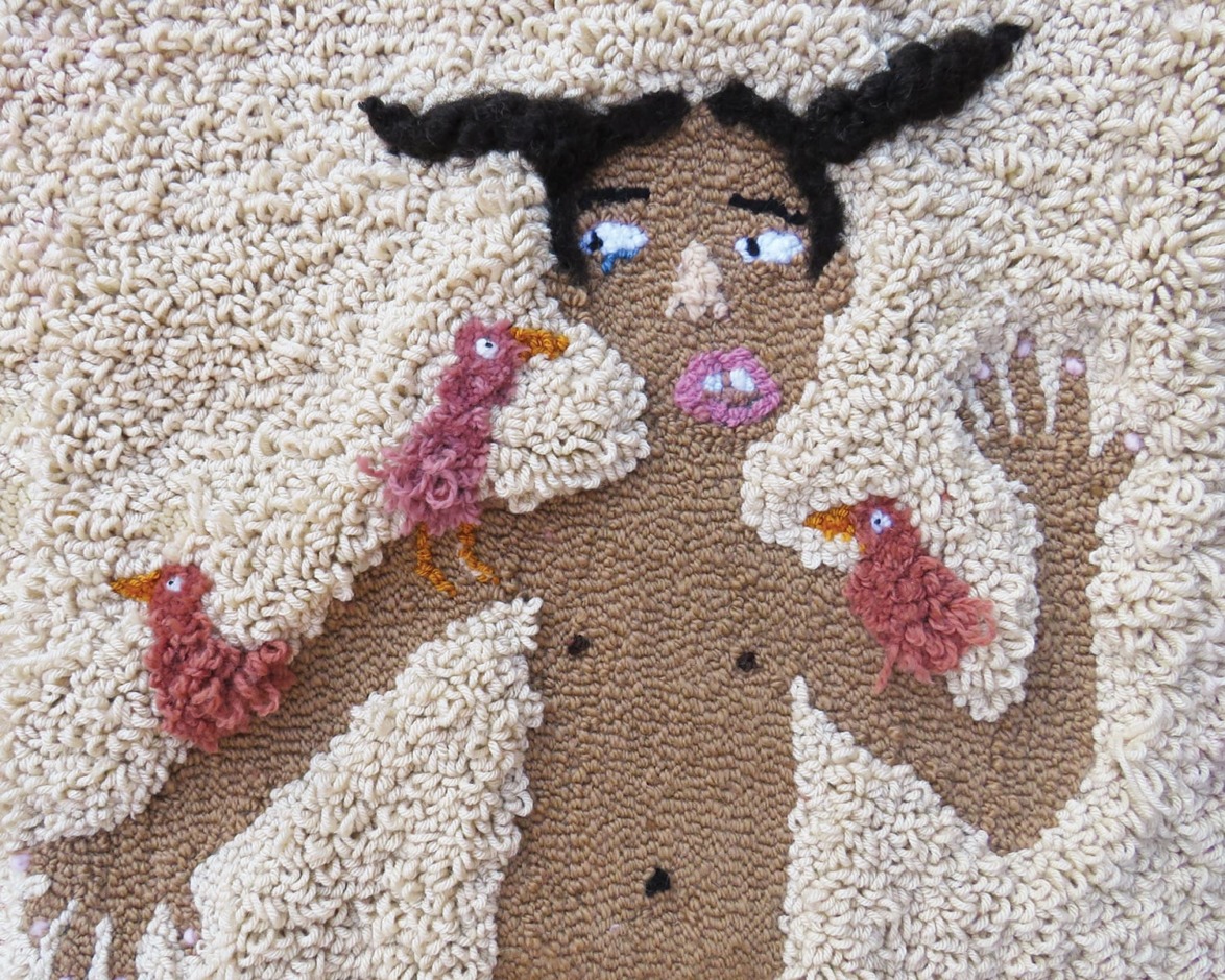 Textile art depicting a person surrounded by pink birds, with a textured background and expressive features.