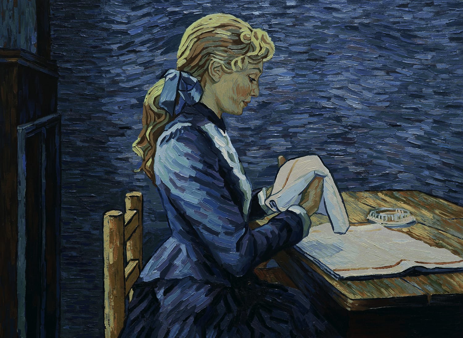 Painting of a woman in a blue dress sitting at a table sewing in a dimly lit room with textured brushstrokes.