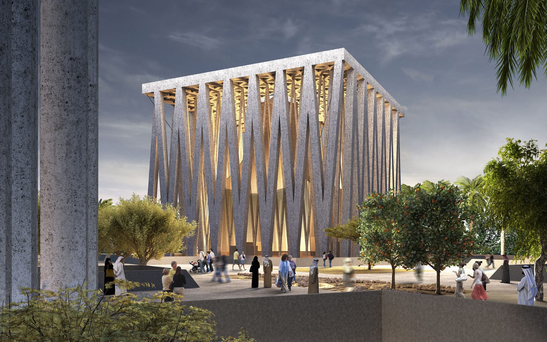 Modern architectural building with tall columns and trees, people walking nearby, under a partly cloudy sky.