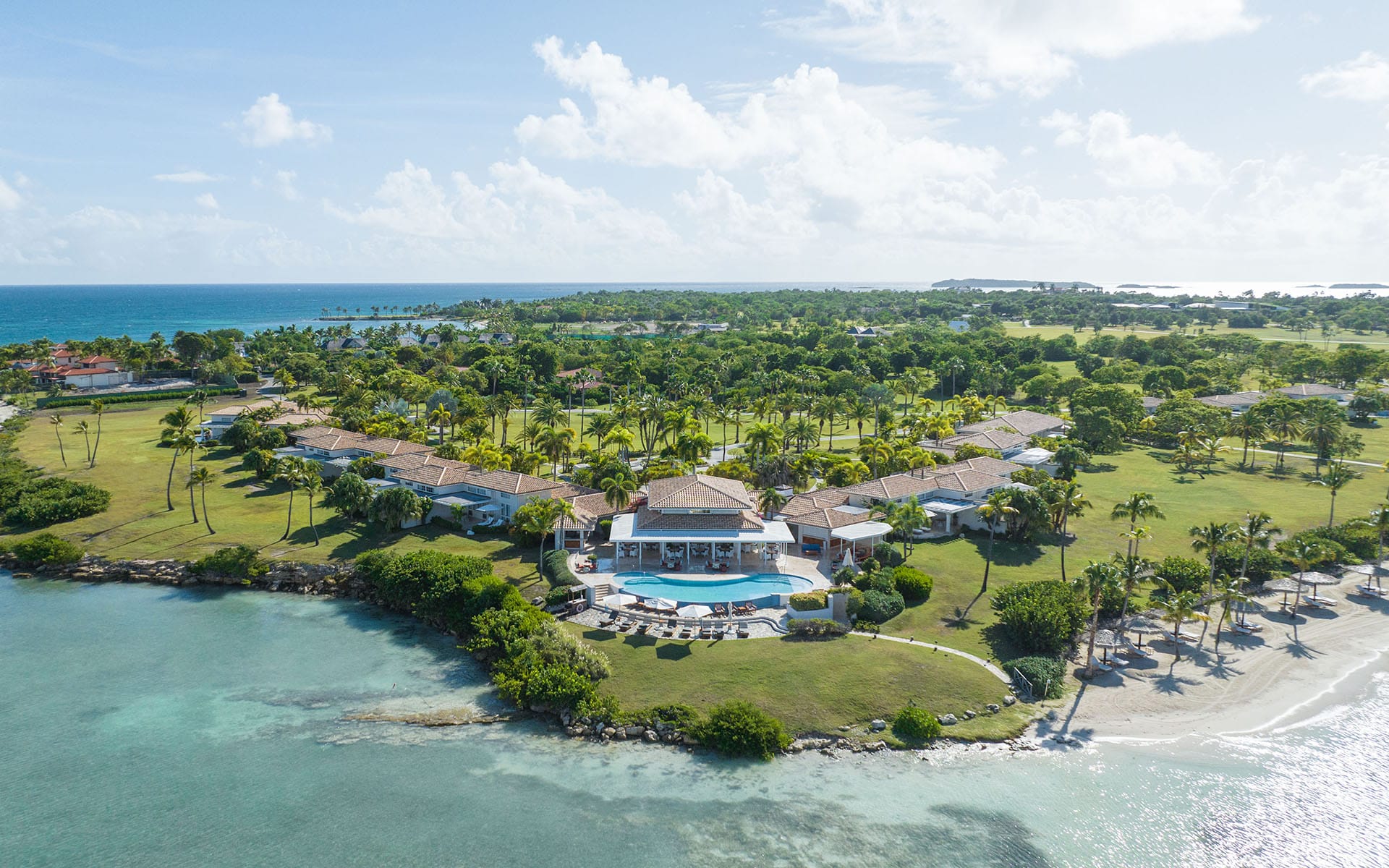 Aerial view of the pool grill at Jumby Bay Island.