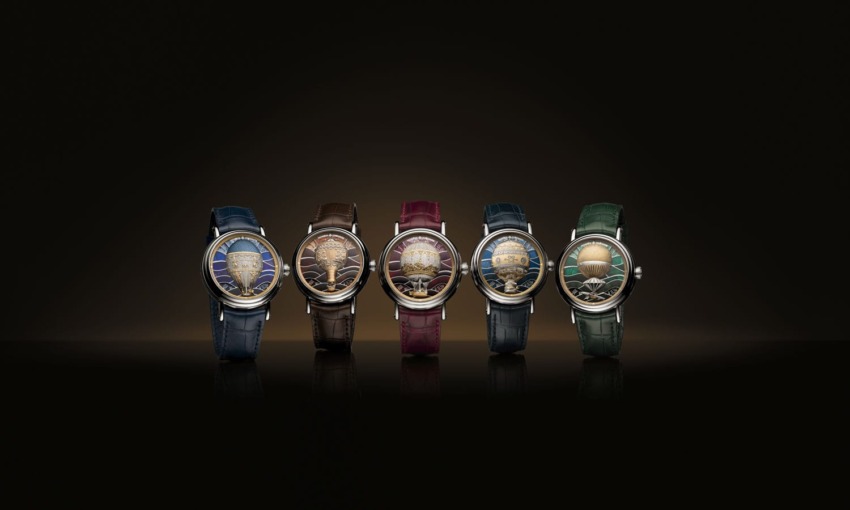 Five luxury watches with intricate dials, each with different colored leather straps, displayed against a dark background.