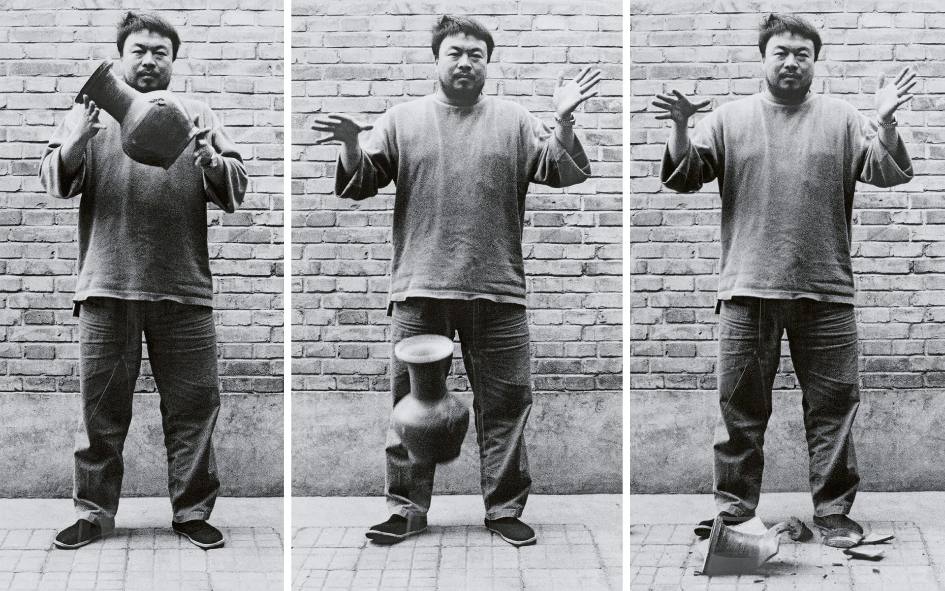 Dropping a Han Dynasty Urn, 1995, Ai Weiwei, Chinese, b. 1957, black and white photographs (triptych), each: 58 x 48 in.