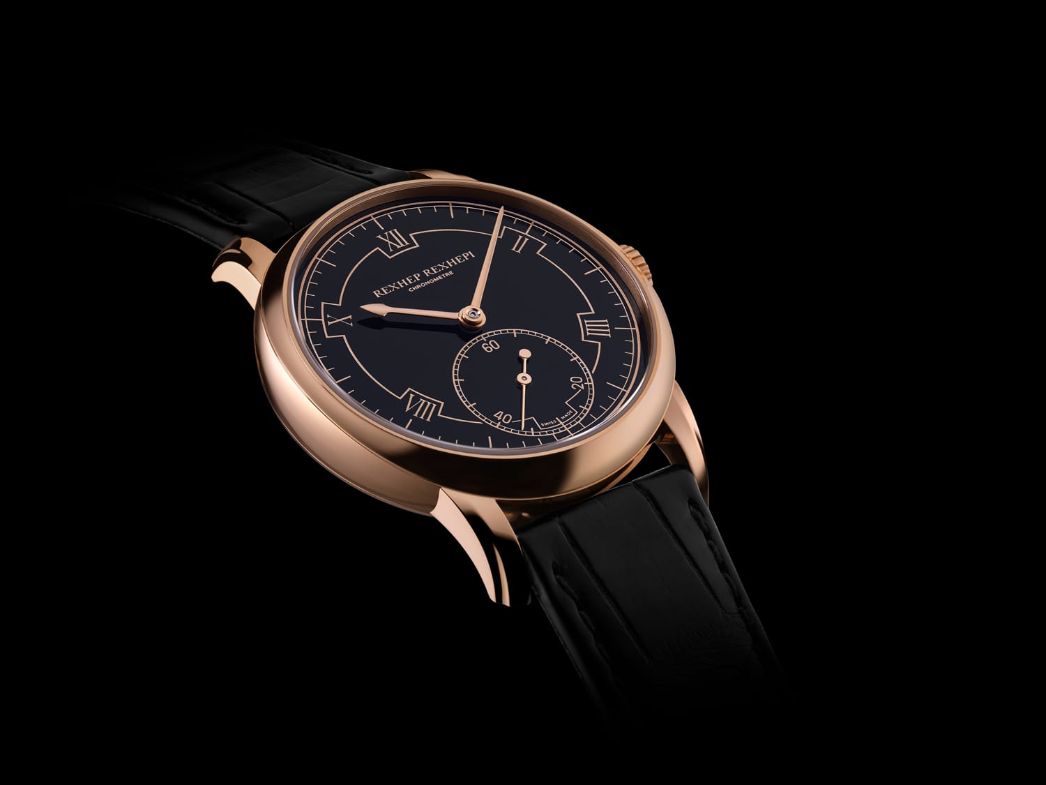 Luxury gold wristwatch with black face and leather strap on a dark background.