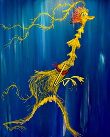 Whimsical yellow bird-like creature with spiky hair and a playful expression on a vibrant blue background.