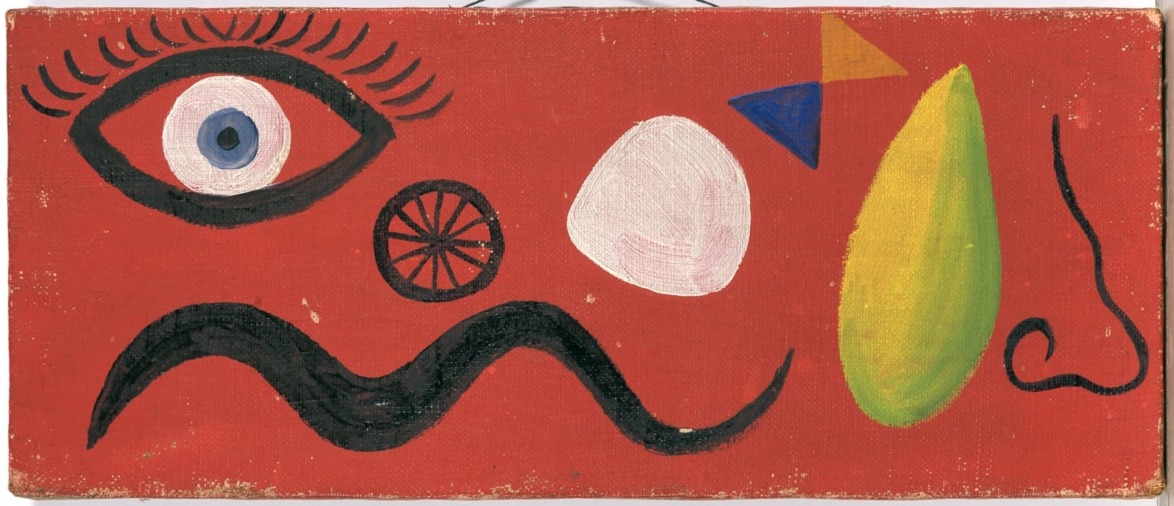 Abstract painting with an eye, spiral, shapes, and a curved line on a red background.