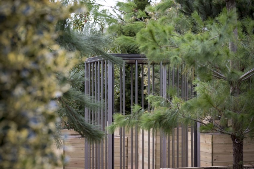 Modern metal garden structure surrounded by lush green trees and foliage.