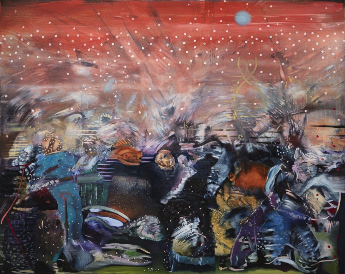 Abstract painting with vibrant colors, dynamic brushstrokes, and white dots against a red background suggesting a cosmic scene.