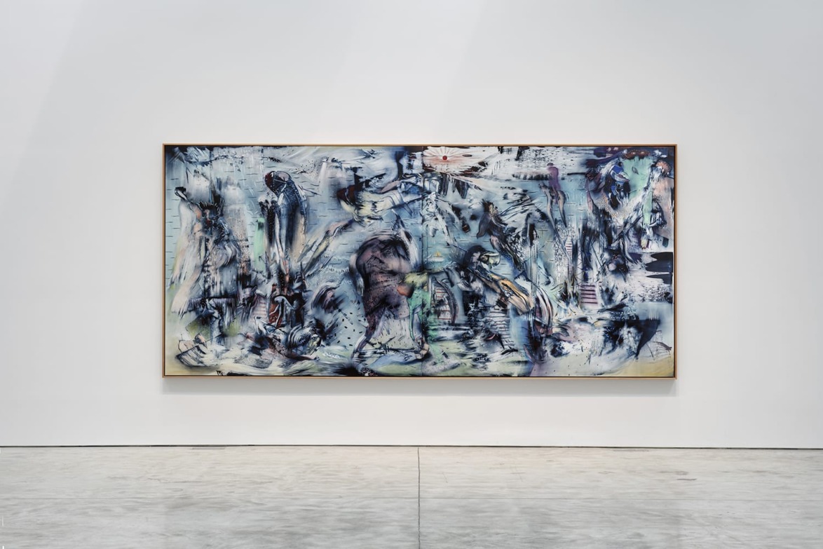 Abstract painting with chaotic brushstrokes and muted colors in a wooden frame, displayed on a white gallery wall.