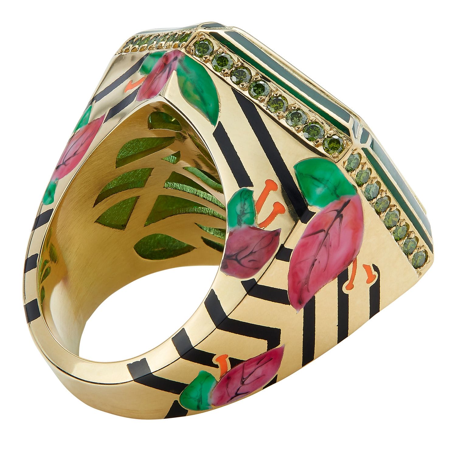 Gold ring with colorful leaf designs, black stripes, and green gemstones, viewed from the side showing intricate details.