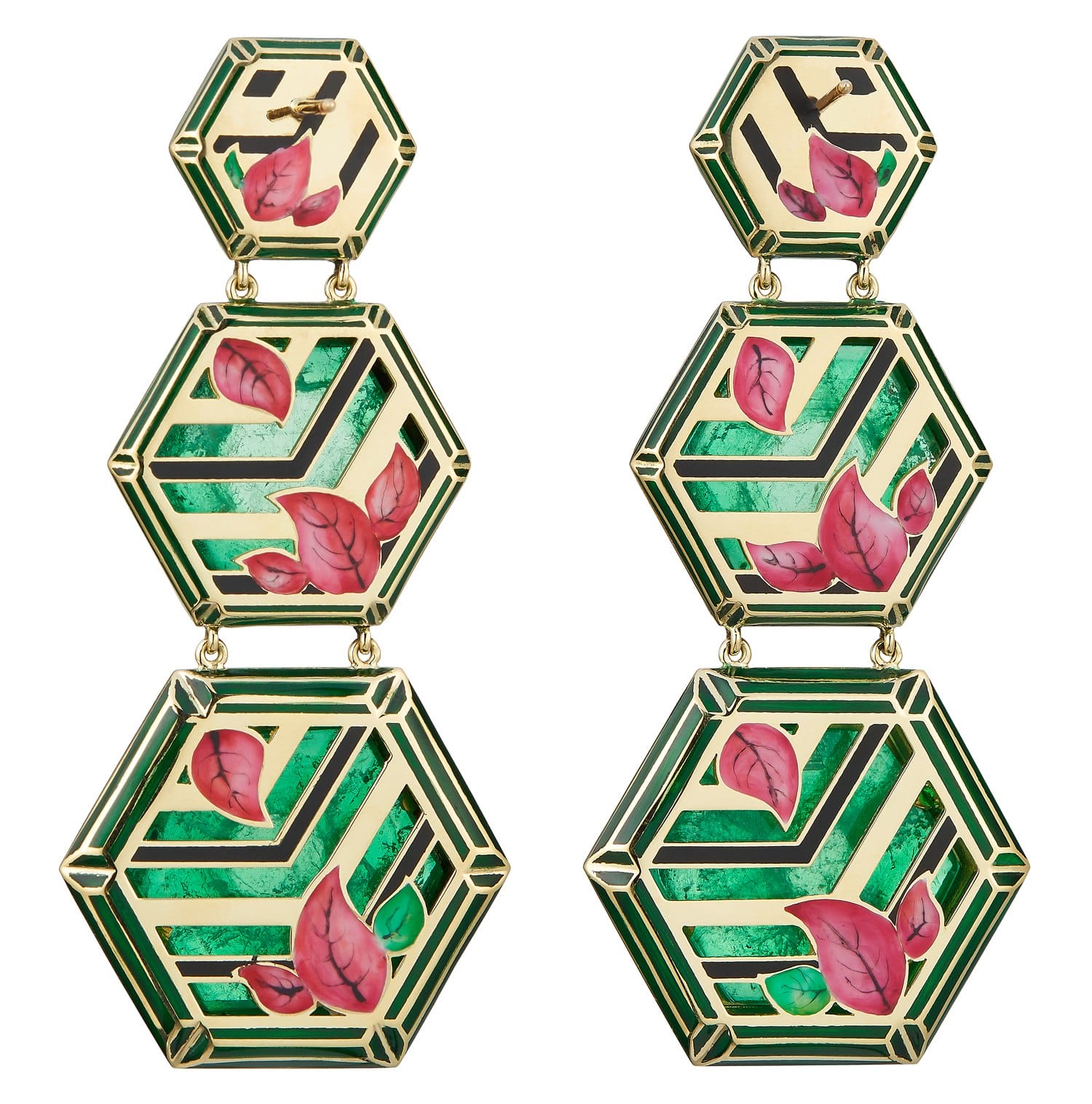Hexagonal earrings with green geometric patterns adorned with pink leaves.