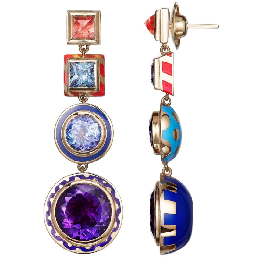 Colorful geometric dangle earrings with gemstones in various shapes, including purple, blue, and red accents.