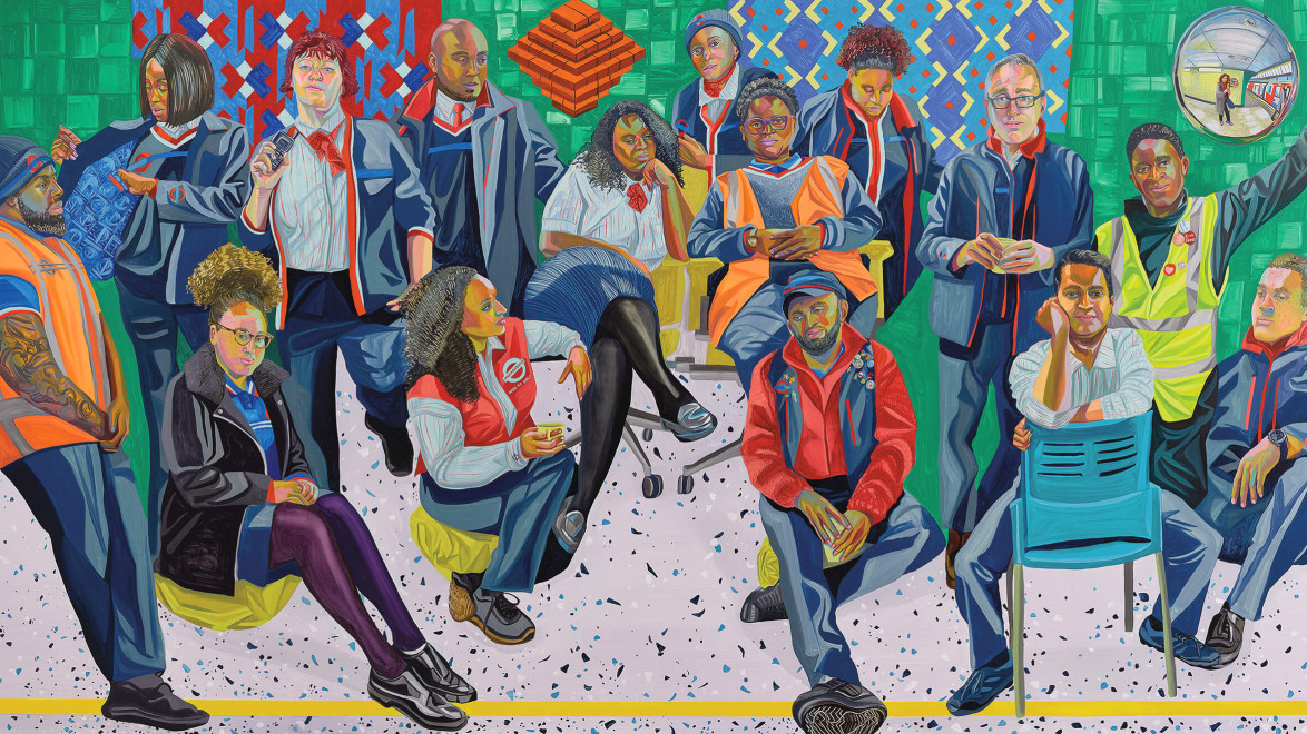 A colorful mural depicting a diverse group of individuals in various poses, each wearing unique and vibrant clothing.