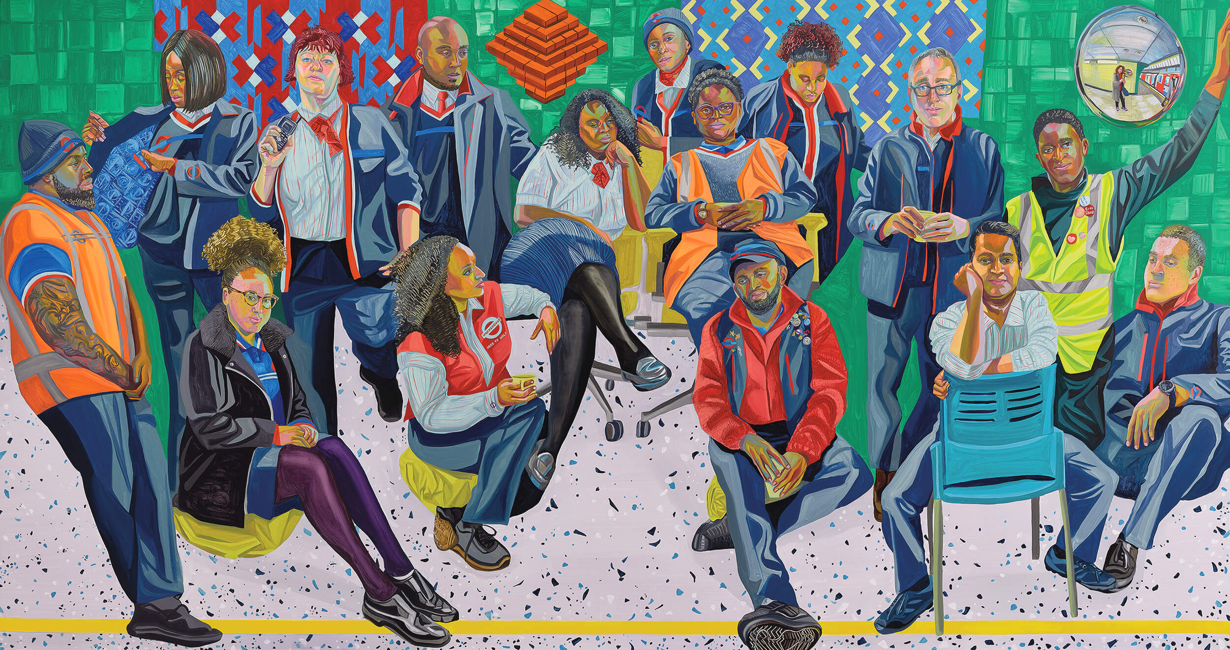 A colorful mural depicting a diverse group of individuals in various poses, each wearing unique and vibrant clothing.