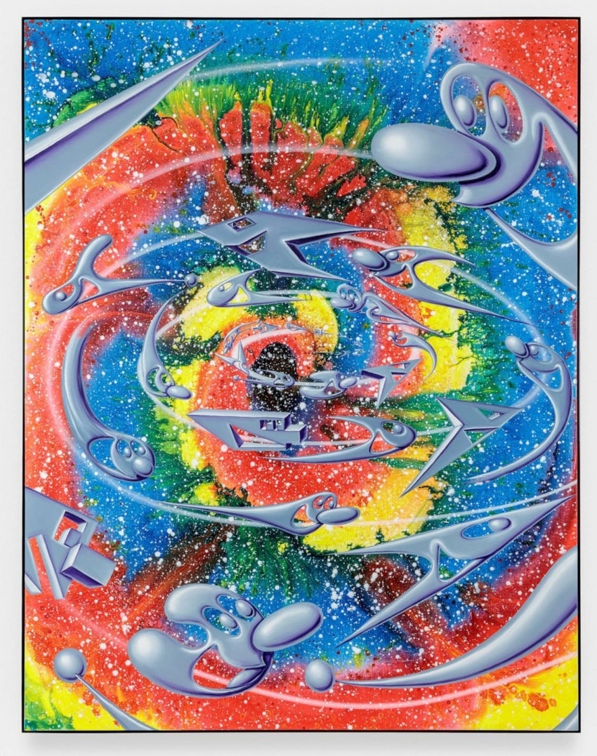 Colorful abstract painting with swirling silver shapes and vibrant splashes of red, blue, yellow, and green.