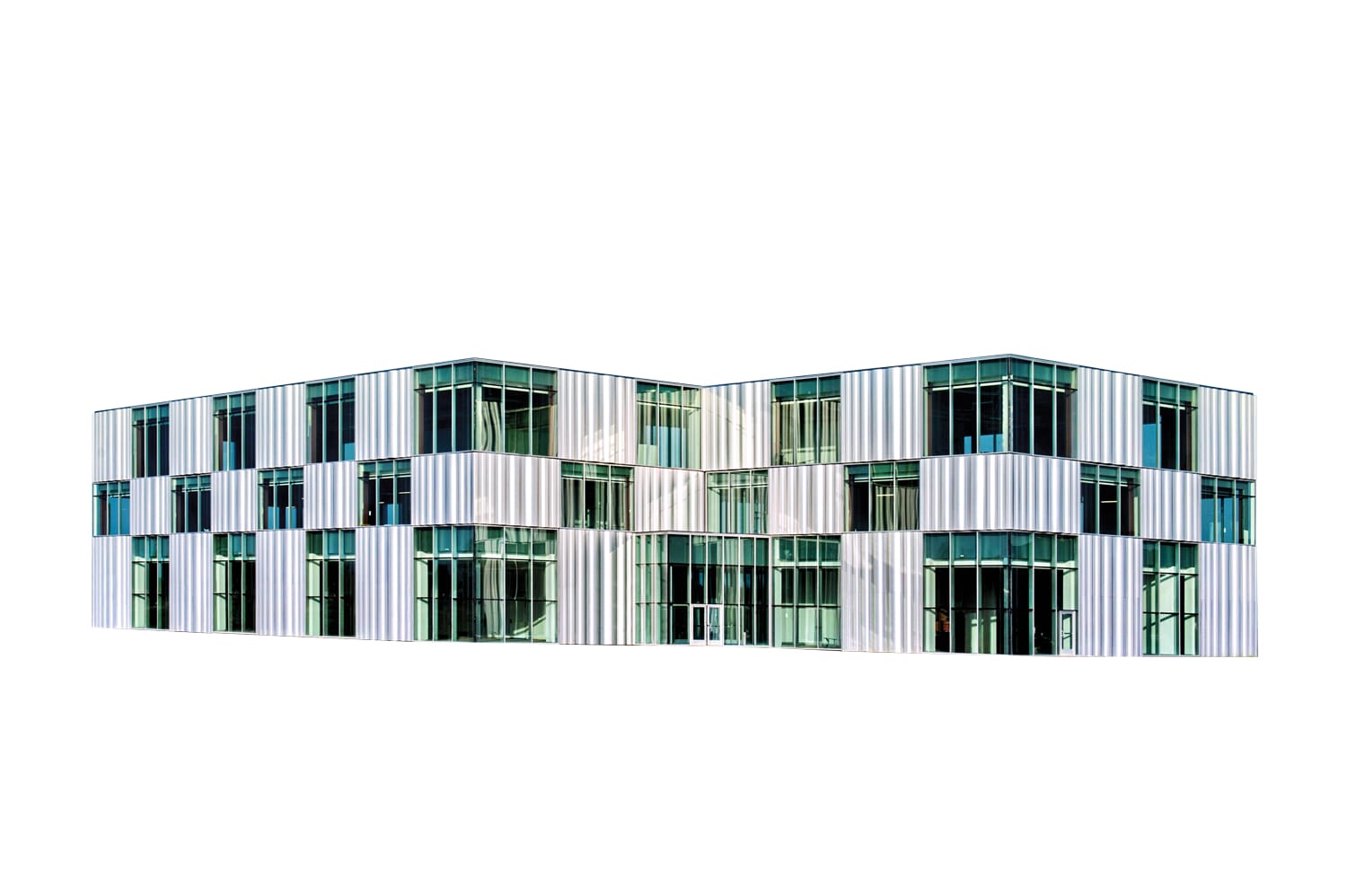 Modern building with large glass windows and geometric design against a white background.